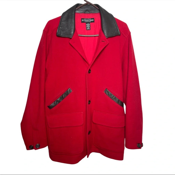 The J. PETERMAN company oversized 100% red wool coat brown leather trimmed S